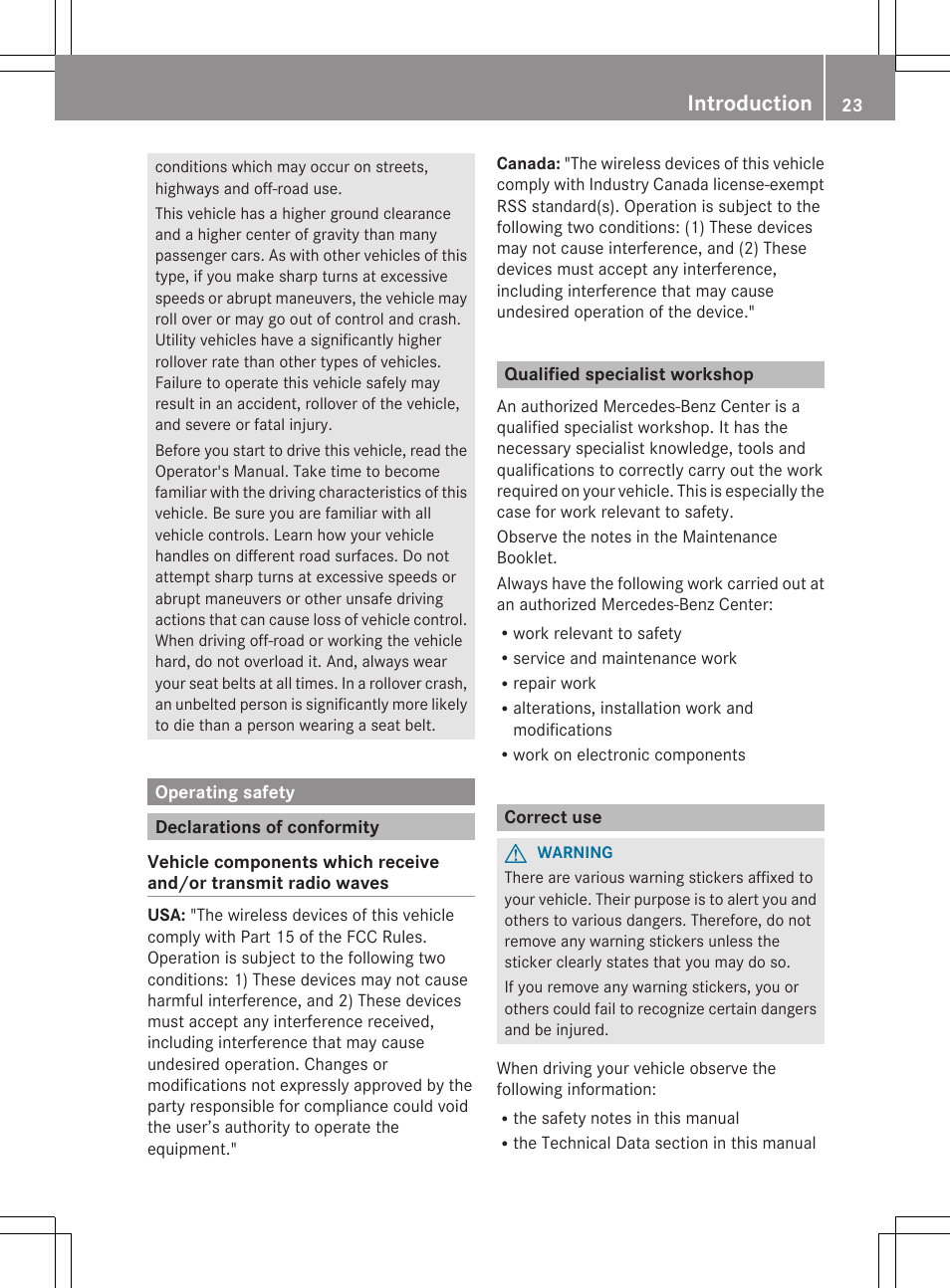 Operating safety, Declarations of conformity, Qualified specialist workshop | Correct use, Introduction | Mercedes-Benz G-Class 2013 Owners Manual User Manual | Page 25 / 364