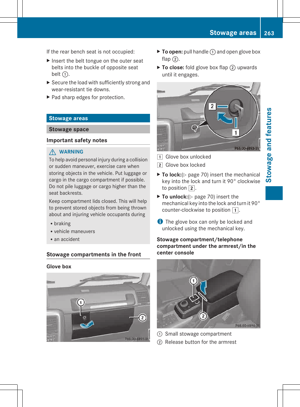 Stowage areas, Stowage space, Stowage and features | Mercedes-Benz G-Class 2013 Owners Manual User Manual | Page 265 / 364