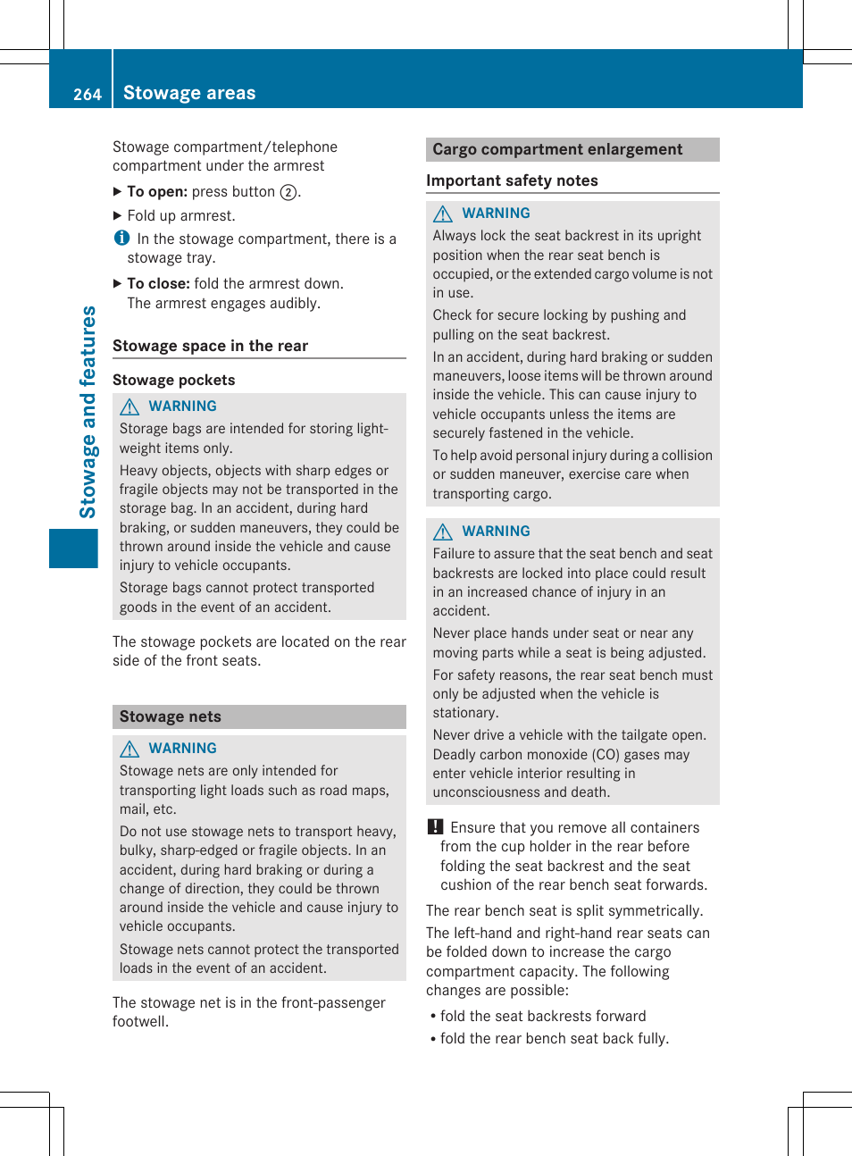 Stowage nets, Cargo compartment enlargement, Stowage and features | Stowage areas | Mercedes-Benz G-Class 2013 Owners Manual User Manual | Page 266 / 364