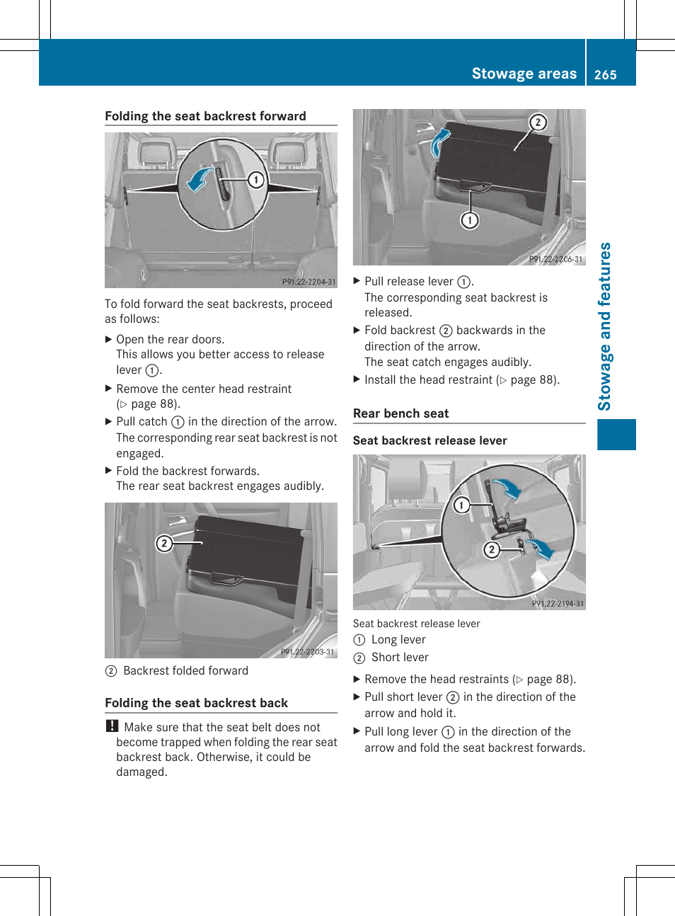 Stowage and features, Stowage areas | Mercedes-Benz G-Class 2013 Owners Manual User Manual | Page 267 / 364