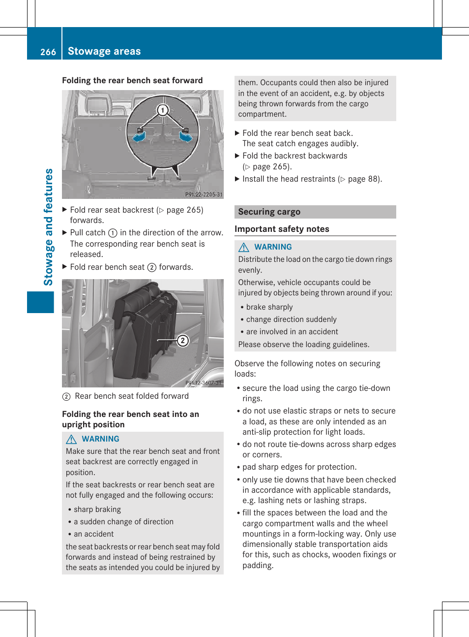 Securing cargo, Stowage and features, Stowage areas | Mercedes-Benz G-Class 2013 Owners Manual User Manual | Page 268 / 364