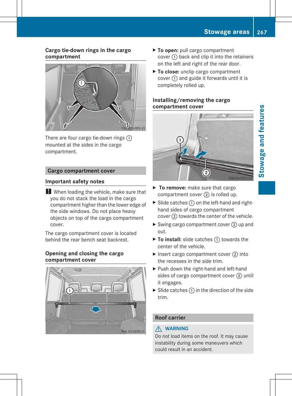 Cargo compartment cover, Roof carrier, Stowage and features | Stowage areas | Mercedes-Benz G-Class 2013 Owners Manual User Manual | Page 269 / 364