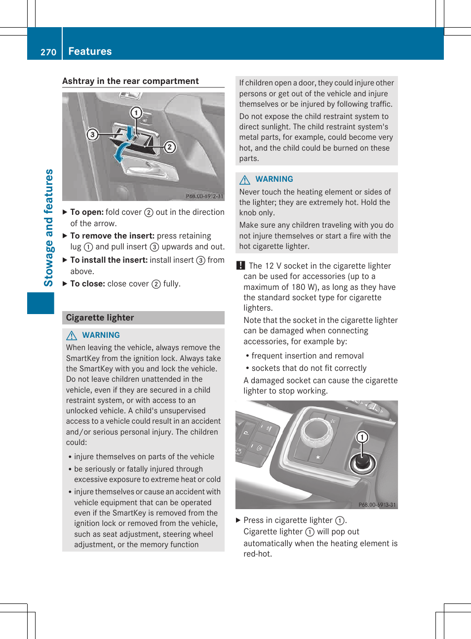 Cigarette lighter, Stowage and features, Features | Mercedes-Benz G-Class 2013 Owners Manual User Manual | Page 272 / 364