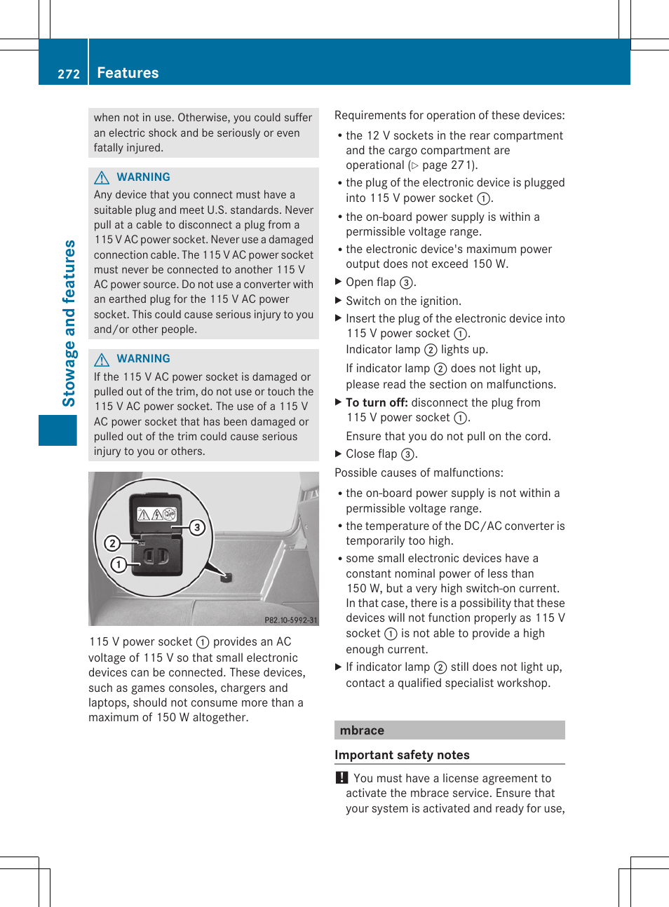Mbrace, Stowage and features, Features | Mercedes-Benz G-Class 2013 Owners Manual User Manual | Page 274 / 364