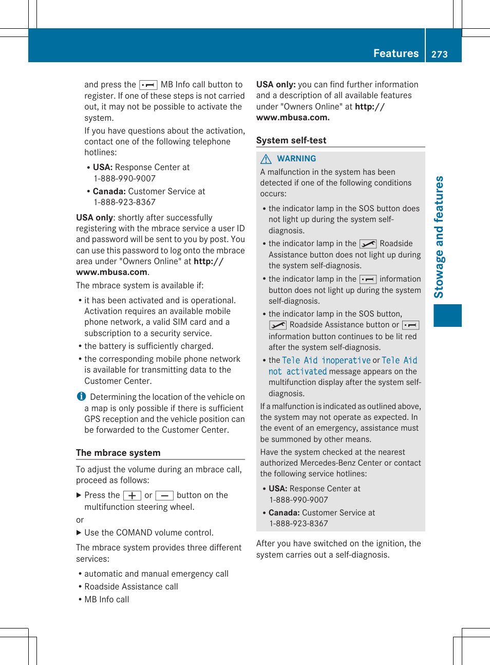 Stowage and features, Features | Mercedes-Benz G-Class 2013 Owners Manual User Manual | Page 275 / 364