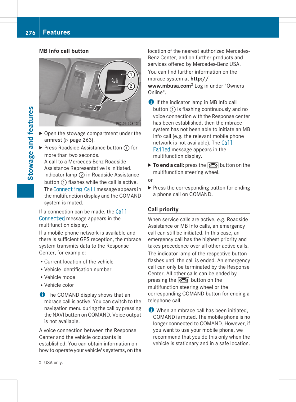 Stowage and features, Features | Mercedes-Benz G-Class 2013 Owners Manual User Manual | Page 278 / 364