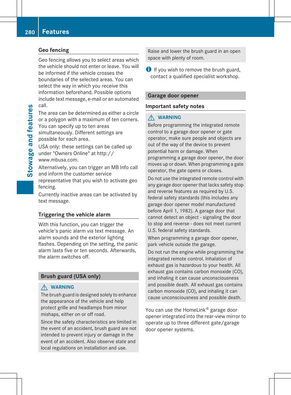 Brush guard (usa only), Garage door opener, Stowage and features | Features | Mercedes-Benz G-Class 2013 Owners Manual User Manual | Page 282 / 364