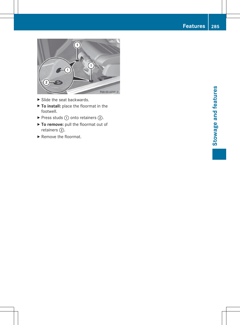 Stowage and features, Features | Mercedes-Benz G-Class 2013 Owners Manual User Manual | Page 287 / 364