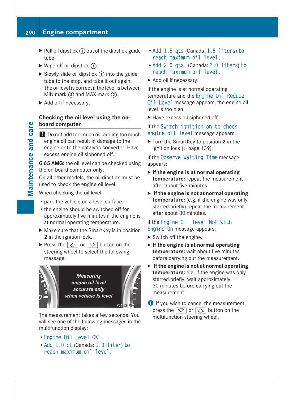 Maintenance and care, Engine compartment | Mercedes-Benz G-Class 2013 Owners Manual User Manual | Page 292 / 364