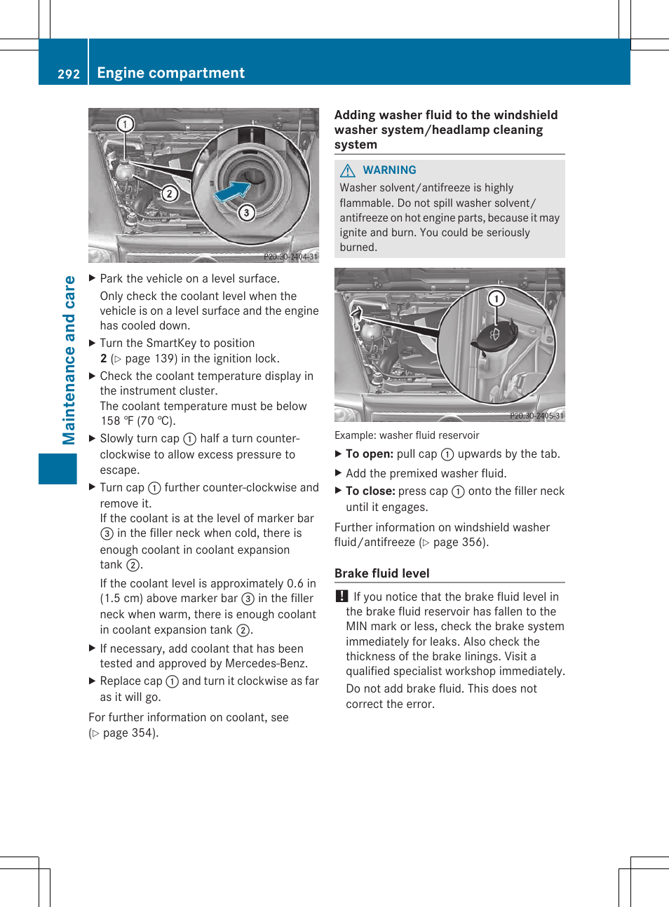 Maintenance and care, Engine compartment | Mercedes-Benz G-Class 2013 Owners Manual User Manual | Page 294 / 364