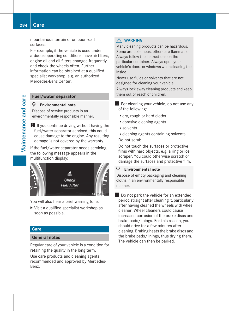 Fuel/water separator, Care, General notes | Maintenance and care | Mercedes-Benz G-Class 2013 Owners Manual User Manual | Page 296 / 364