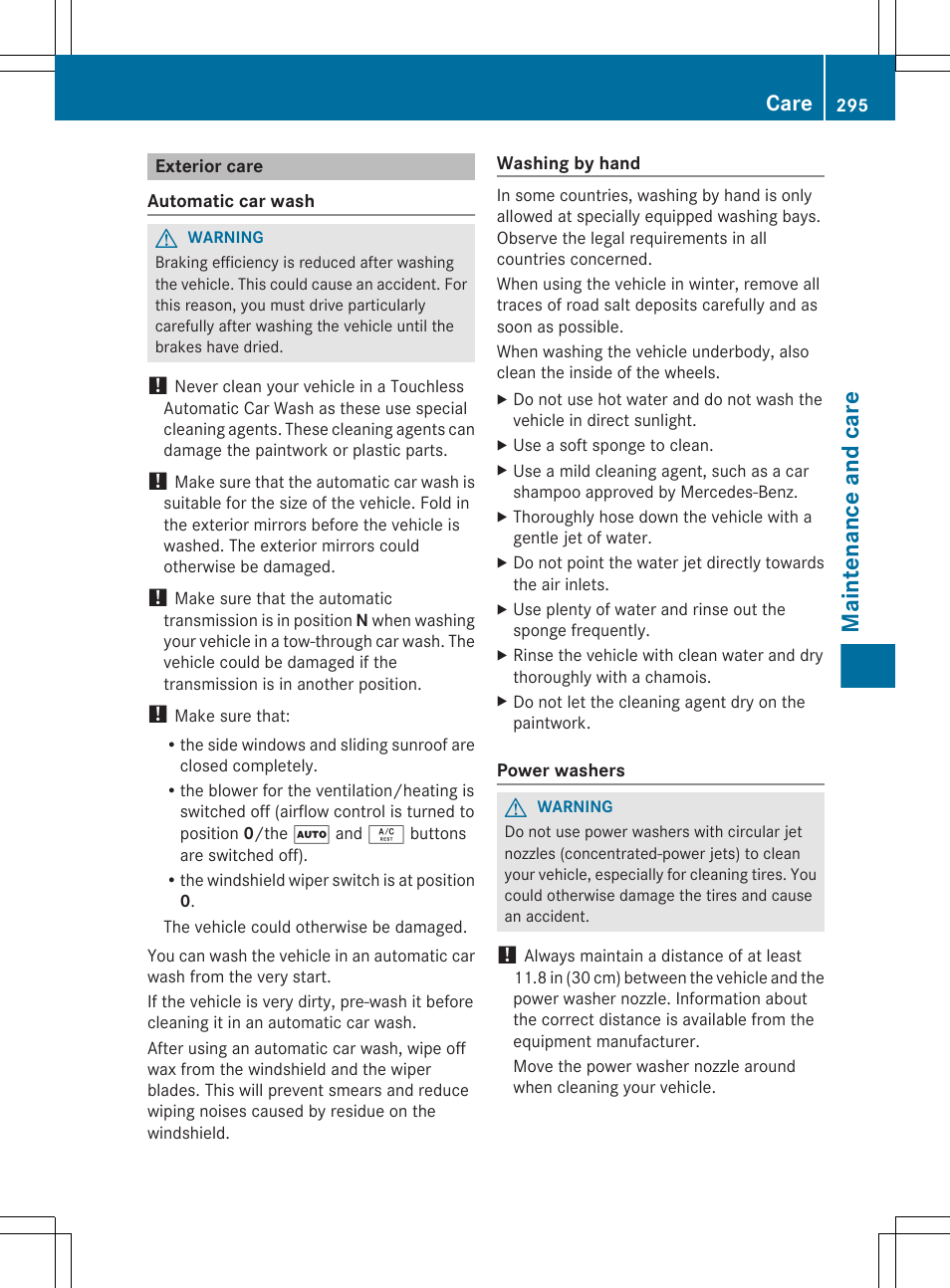 Exterior care, Maintenance and care, Care | Mercedes-Benz G-Class 2013 Owners Manual User Manual | Page 297 / 364