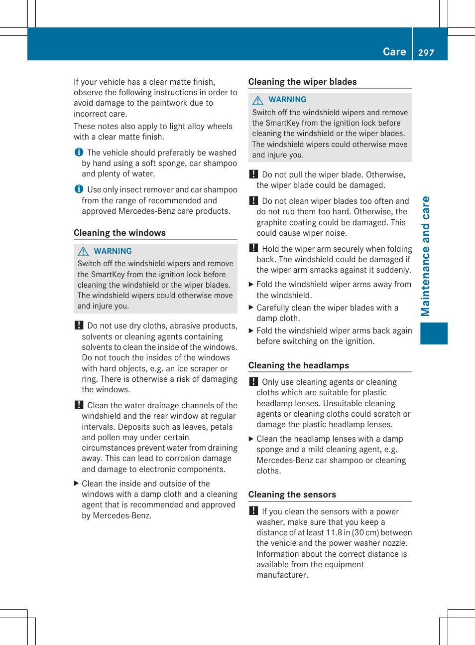 Maintenance and care, Care | Mercedes-Benz G-Class 2013 Owners Manual User Manual | Page 299 / 364