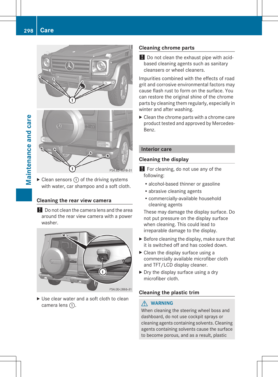 Interior care, Maintenance and care, Care | Mercedes-Benz G-Class 2013 Owners Manual User Manual | Page 300 / 364