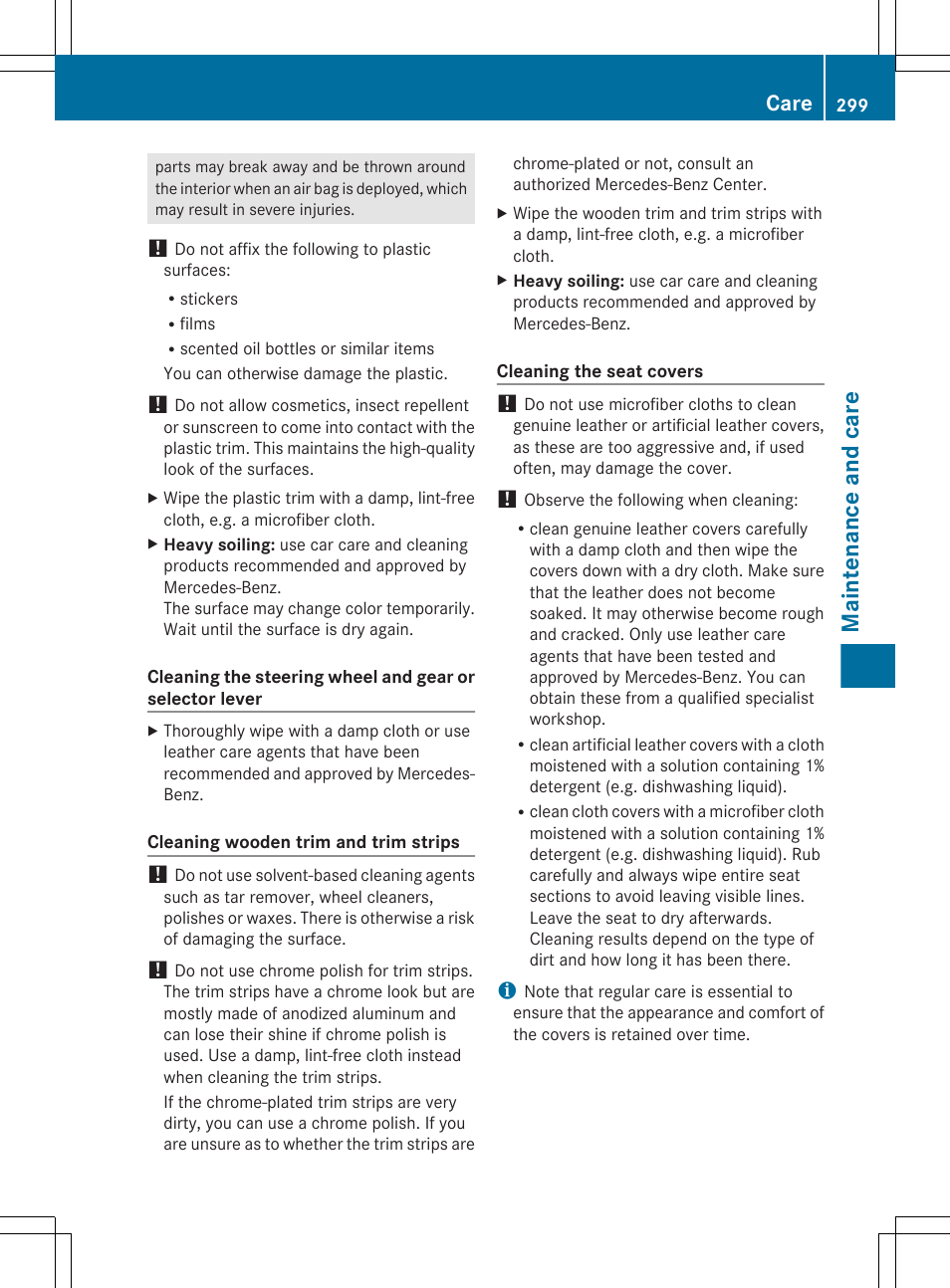 Maintenance and care, Care | Mercedes-Benz G-Class 2013 Owners Manual User Manual | Page 301 / 364