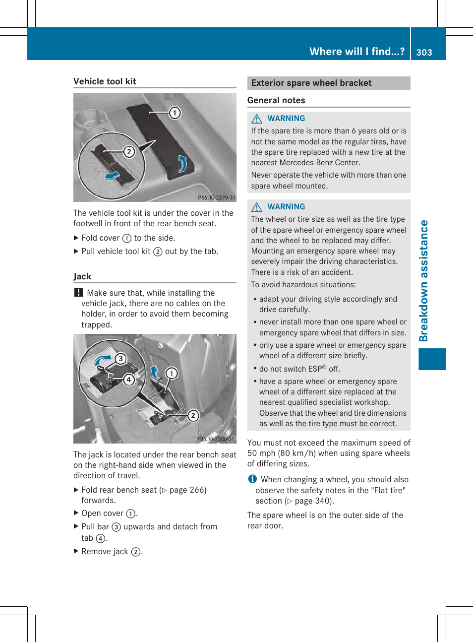 Exterior spare wheel bracket, Breakdown assistance, Where will i find | Mercedes-Benz G-Class 2013 Owners Manual User Manual | Page 305 / 364