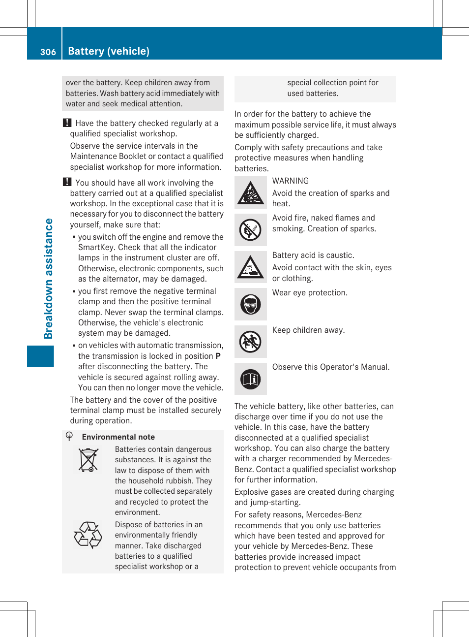 Breakdown assistance, Battery (vehicle) | Mercedes-Benz G-Class 2013 Owners Manual User Manual | Page 308 / 364