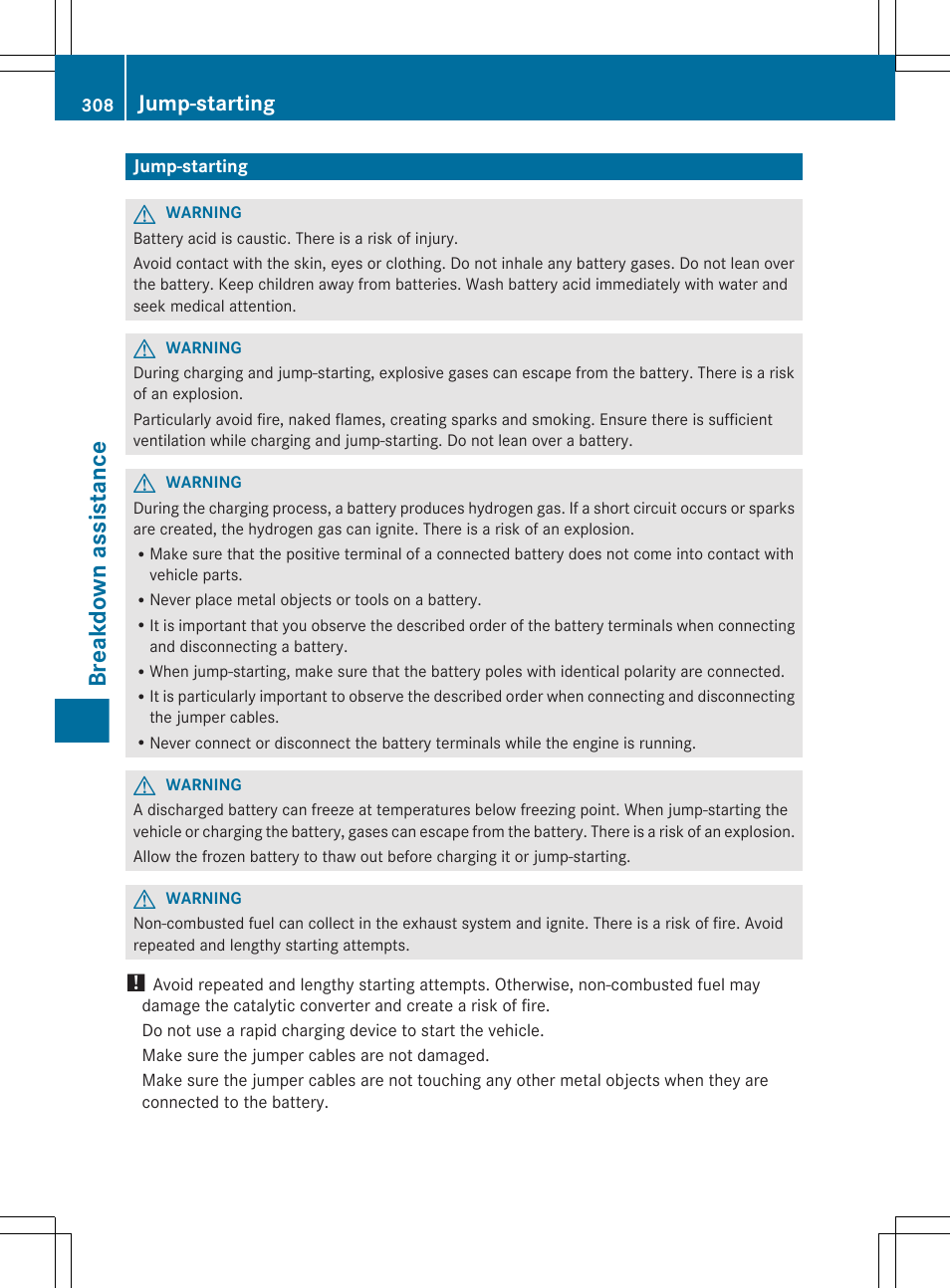 Jump-starting, Breakdown assistance | Mercedes-Benz G-Class 2013 Owners Manual User Manual | Page 310 / 364