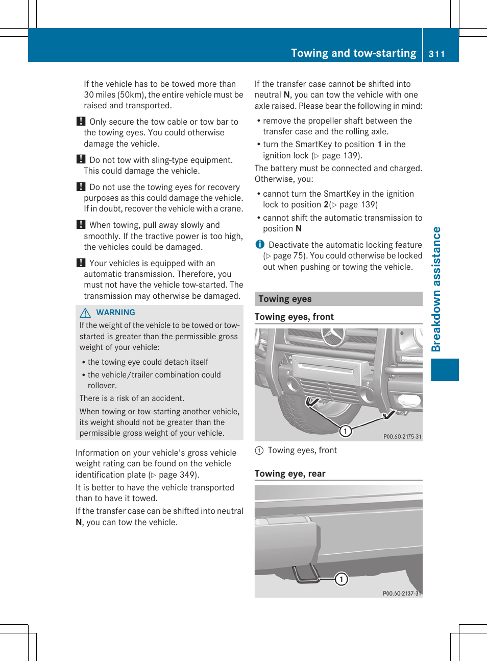 Towing eyes, Breakdown assistance, Towing and tow-starting | Mercedes-Benz G-Class 2013 Owners Manual User Manual | Page 313 / 364