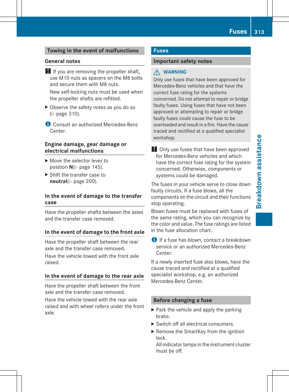 Towing in the event of malfunctions, Fuses, Important safety notes | Before changing a fuse, Breakdown assistance | Mercedes-Benz G-Class 2013 Owners Manual User Manual | Page 315 / 364