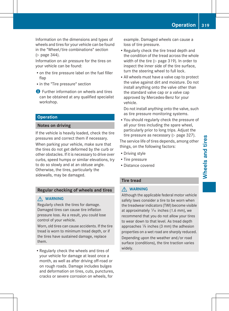 Operation, Notes on driving, Regular checking of wheels and tires | Tire tread, Wheels and tires | Mercedes-Benz G-Class 2013 Owners Manual User Manual | Page 321 / 364