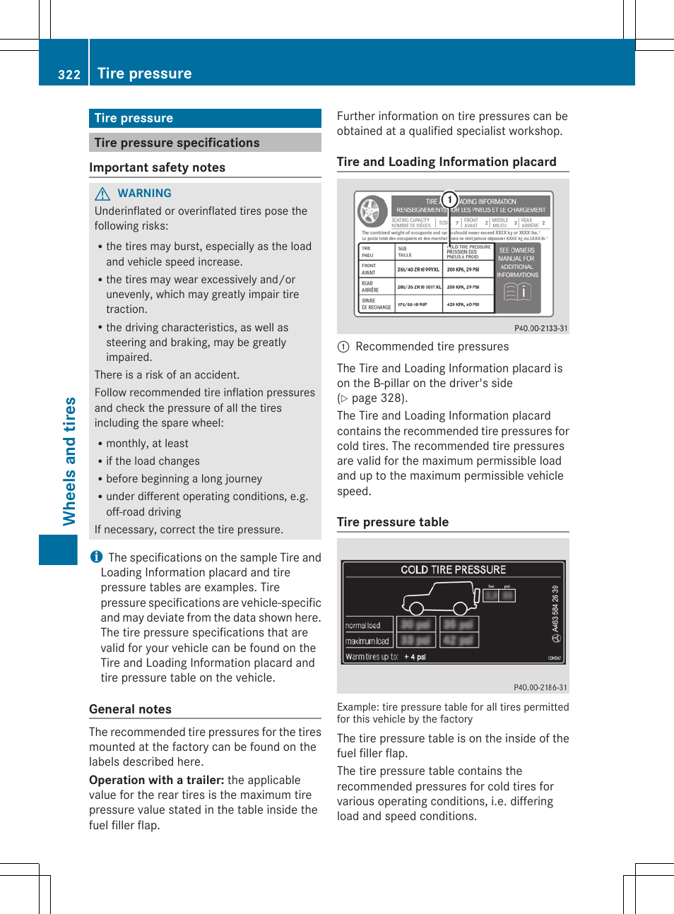 Tire pressure, Tire pressure specifications, Wheels and tires | Mercedes-Benz G-Class 2013 Owners Manual User Manual | Page 324 / 364