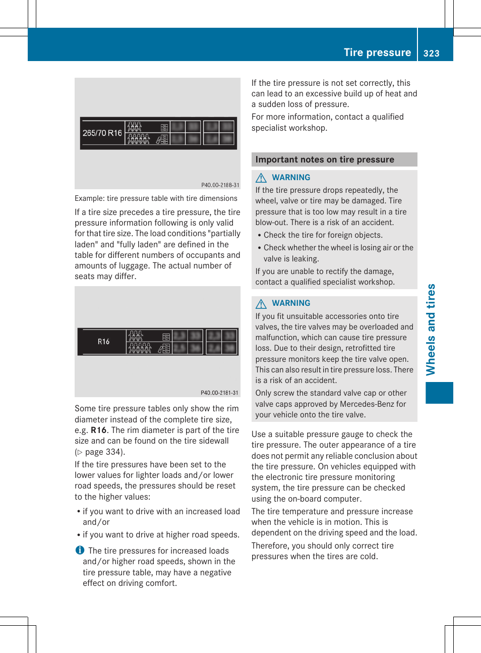 Important notes on tire pressure, Wheels and tires, Tire pressure | Mercedes-Benz G-Class 2013 Owners Manual User Manual | Page 325 / 364