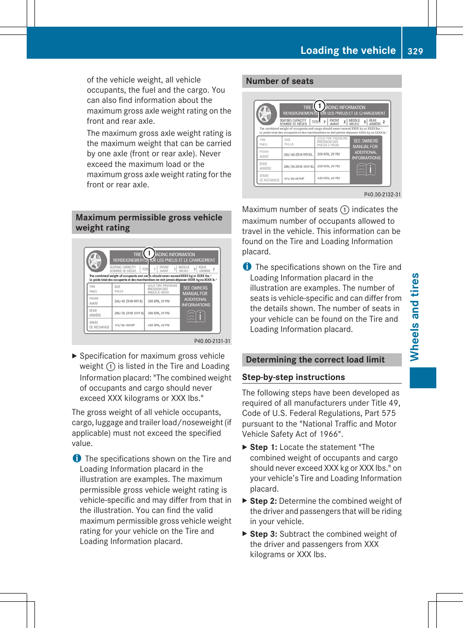 Maximum permissible gross vehicle weight rating, Number of seats, Determining the correct load limit | Wheels and tires, Loading the vehicle | Mercedes-Benz G-Class 2013 Owners Manual User Manual | Page 331 / 364