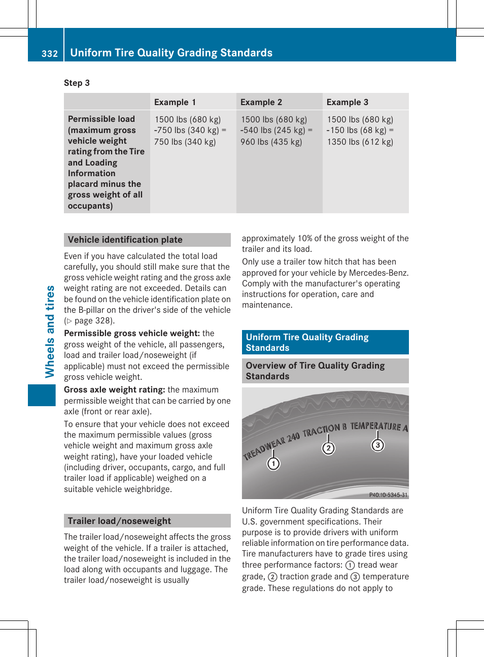 Vehicle identification plate, Trailer load/noseweight, Uniform tire quality grading standards | Overview of tire quality grading standards, Wheels and tires | Mercedes-Benz G-Class 2013 Owners Manual User Manual | Page 334 / 364