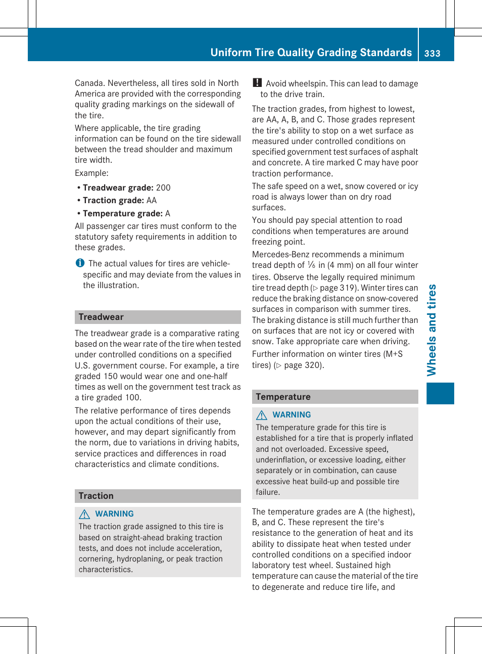 Treadwear, Traction, Temperature | Wheels and tires, Uniform tire quality grading standards | Mercedes-Benz G-Class 2013 Owners Manual User Manual | Page 335 / 364