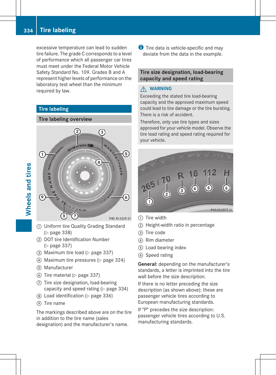 Tire labeling, Tire labeling overview, Wheels and tires | Mercedes-Benz G-Class 2013 Owners Manual User Manual | Page 336 / 364