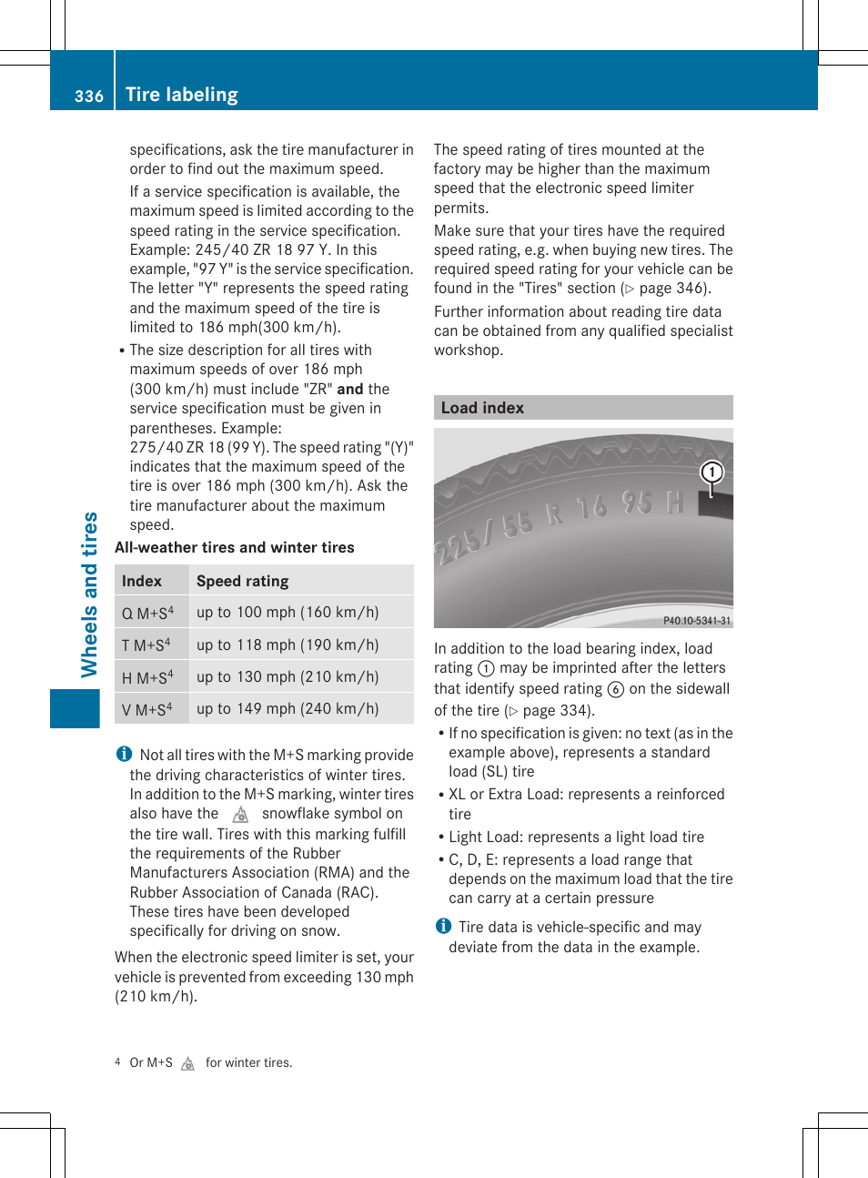 Load index, Wheels and tires, Tire labeling | Mercedes-Benz G-Class 2013 Owners Manual User Manual | Page 338 / 364