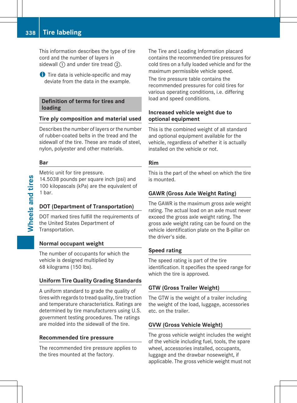 Definition of terms for tires and loading, Wheels and tires, Tire labeling | Mercedes-Benz G-Class 2013 Owners Manual User Manual | Page 340 / 364