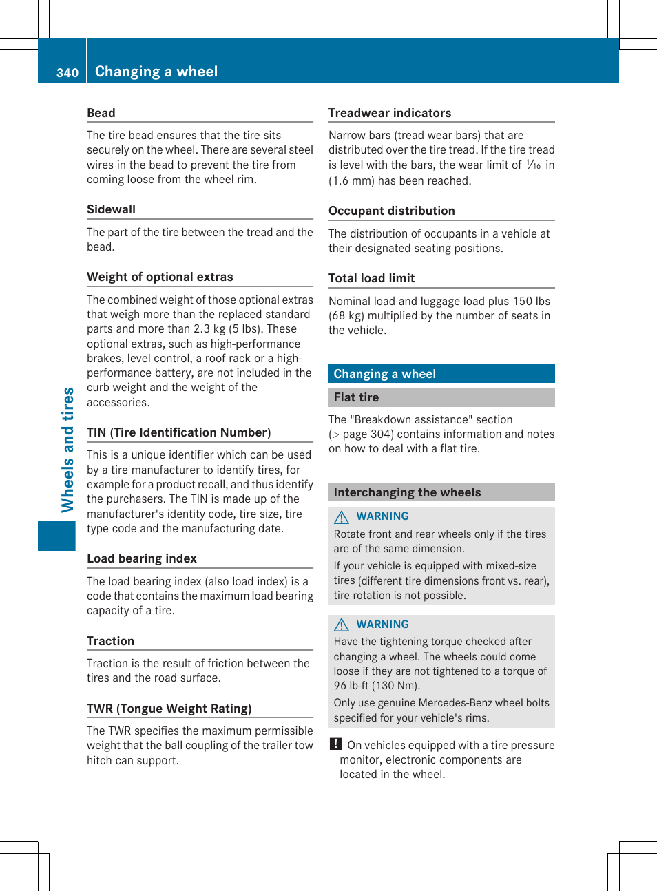 Changing a wheel, Flat tire, Interchanging the wheels | Wheels and tires | Mercedes-Benz G-Class 2013 Owners Manual User Manual | Page 342 / 364