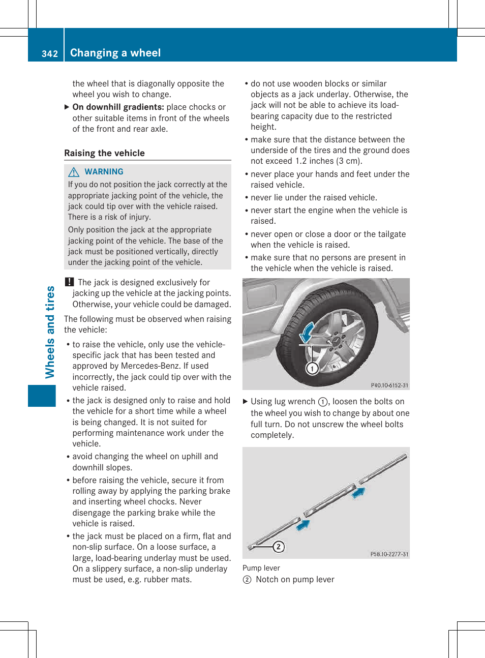 Wheels and tires, Changing a wheel | Mercedes-Benz G-Class 2013 Owners Manual User Manual | Page 344 / 364