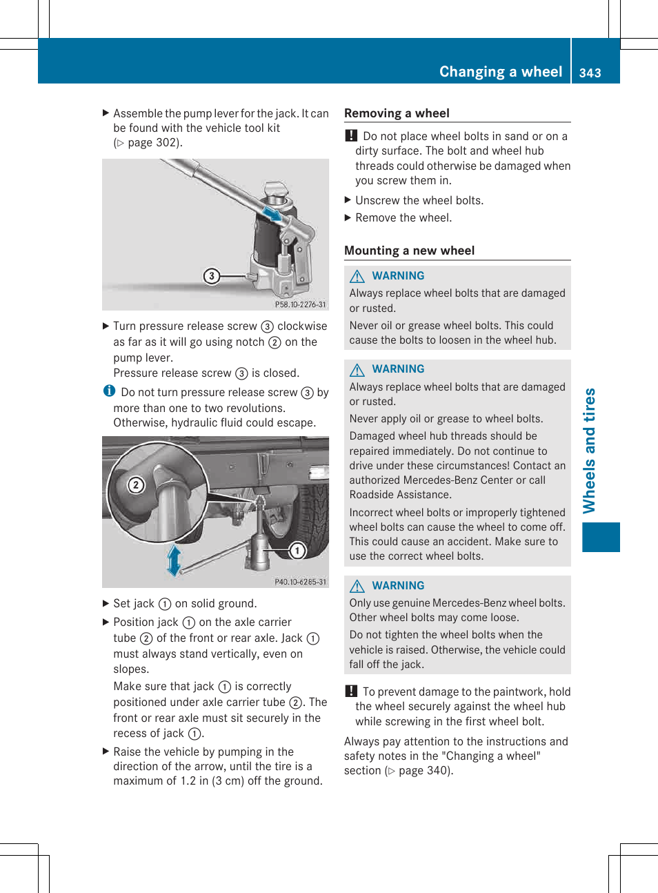 Wheels and tires, Changing a wheel | Mercedes-Benz G-Class 2013 Owners Manual User Manual | Page 345 / 364