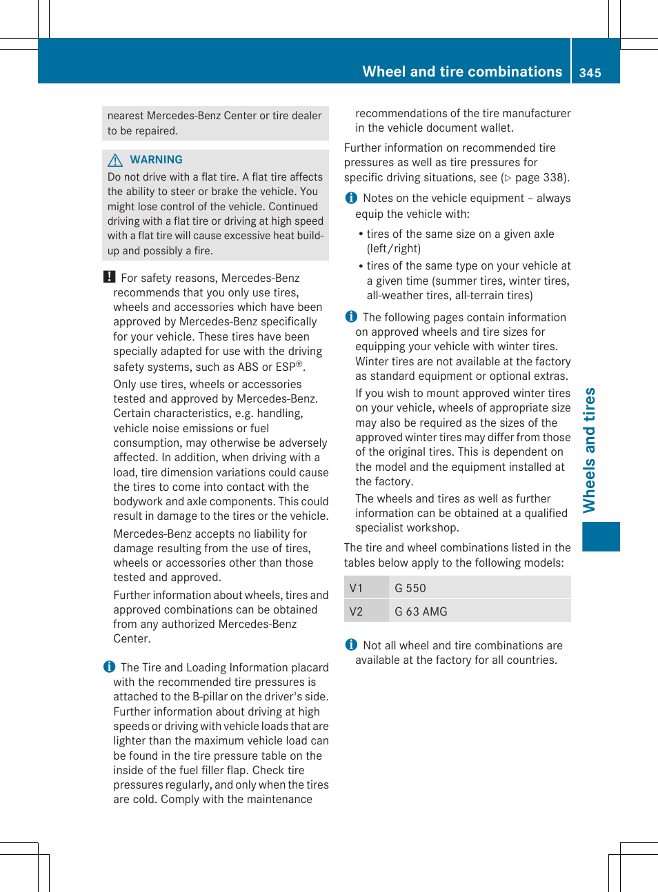 Wheels and tires, Wheel and tire combinations | Mercedes-Benz G-Class 2013 Owners Manual User Manual | Page 347 / 364