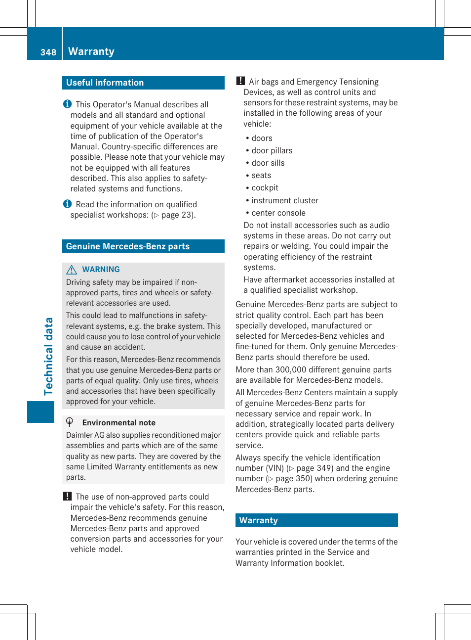 Technical data, Useful information, Genuine mercedes-benz parts | Warranty | Mercedes-Benz G-Class 2013 Owners Manual User Manual | Page 350 / 364