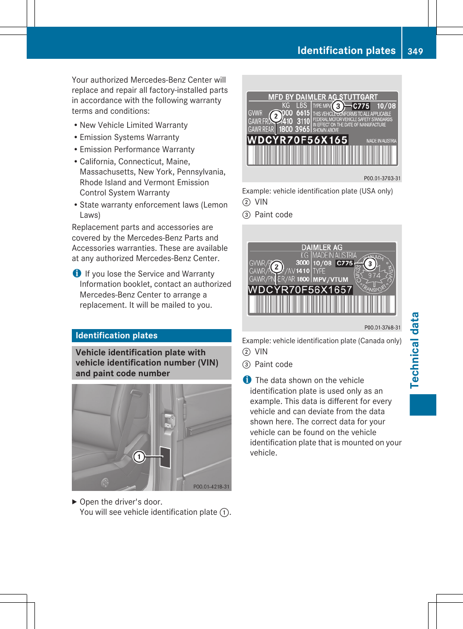 Identification plates, Technical data | Mercedes-Benz G-Class 2013 Owners Manual User Manual | Page 351 / 364