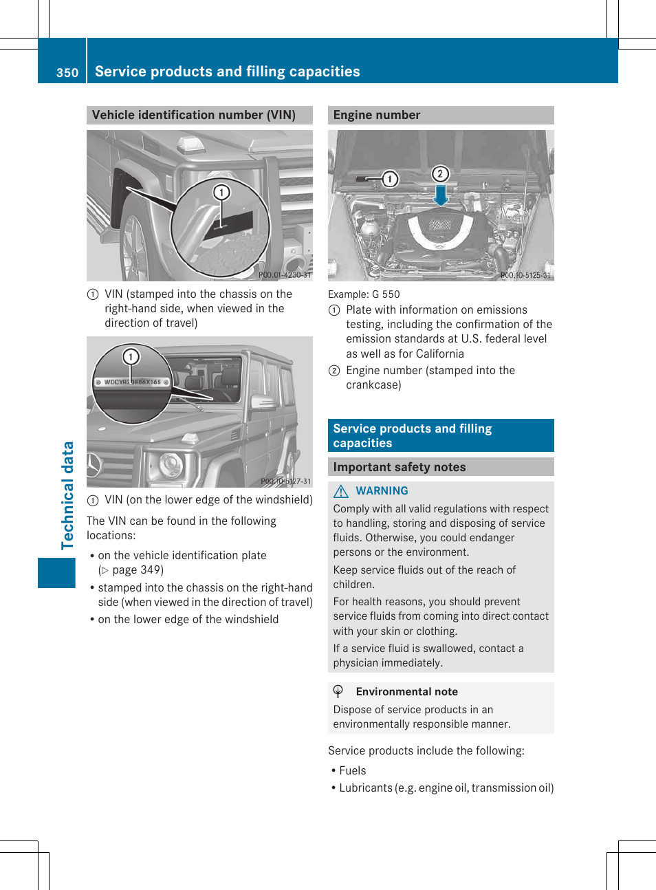 Vehicle identification number (vin), Engine number, Service products and filling capacities | Important safety notes, Technical data | Mercedes-Benz G-Class 2013 Owners Manual User Manual | Page 352 / 364