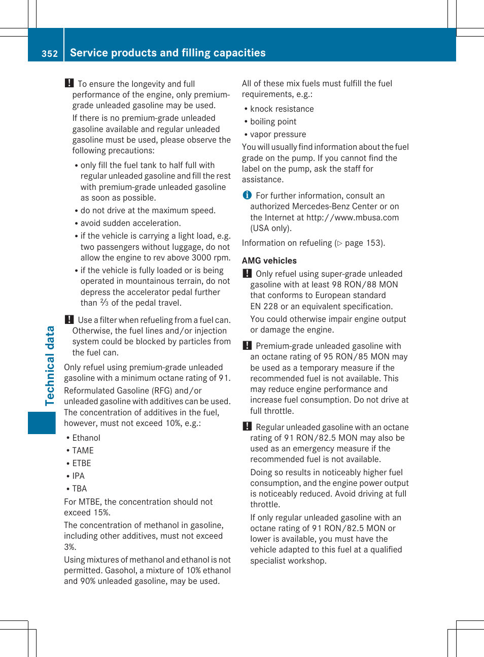 Technical data, Service products and filling capacities | Mercedes-Benz G-Class 2013 Owners Manual User Manual | Page 354 / 364