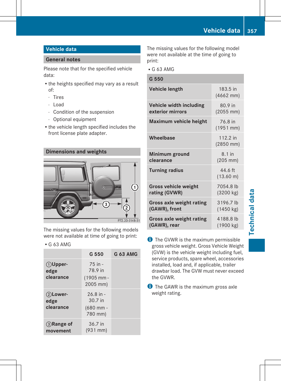 Vehicle data, General notes, Dimensions and weights | Technical data | Mercedes-Benz G-Class 2013 Owners Manual User Manual | Page 359 / 364