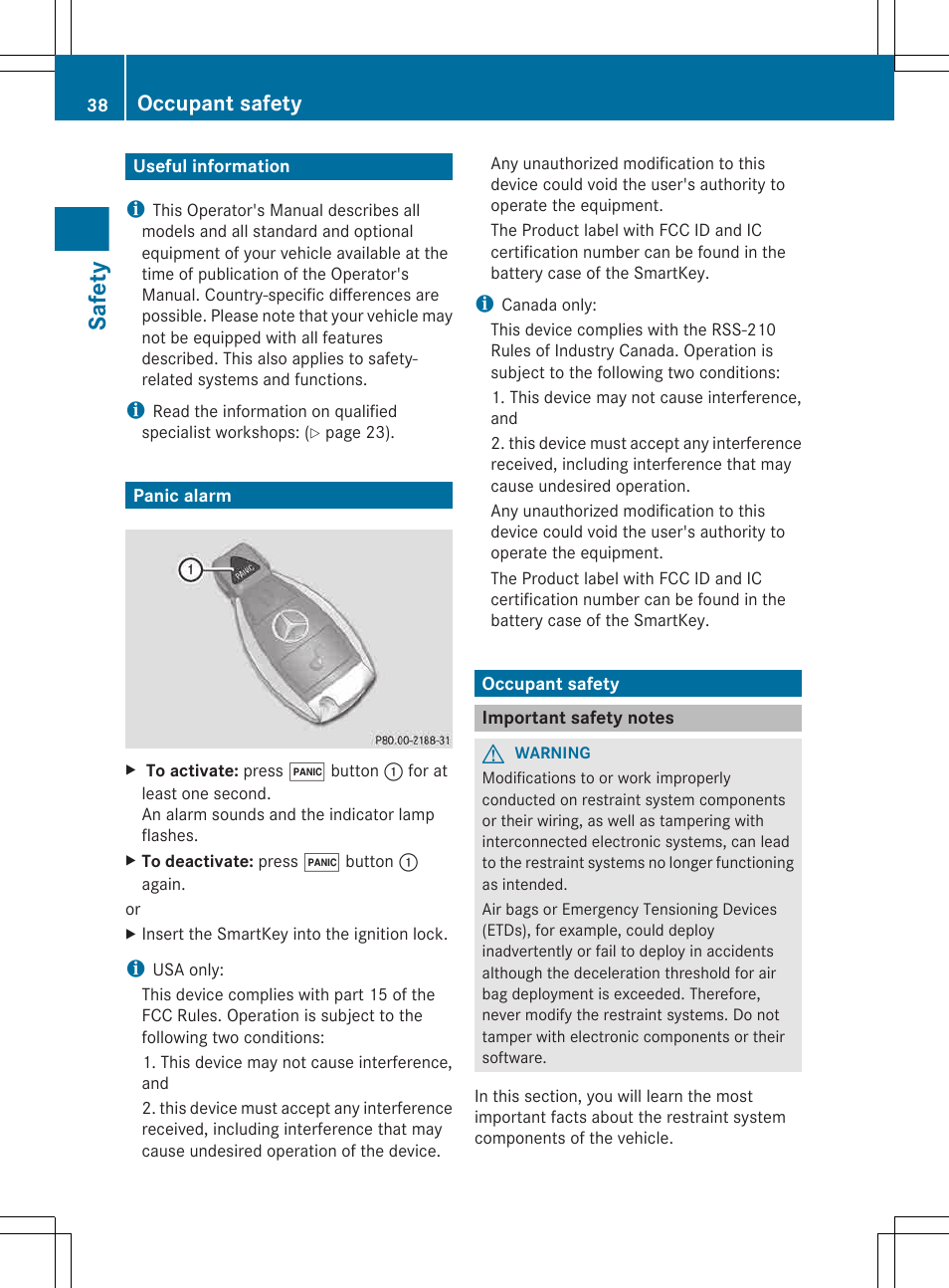 Safety, Useful information, Panic alarm | Occupant safety, Important safety notes | Mercedes-Benz G-Class 2013 Owners Manual User Manual | Page 40 / 364