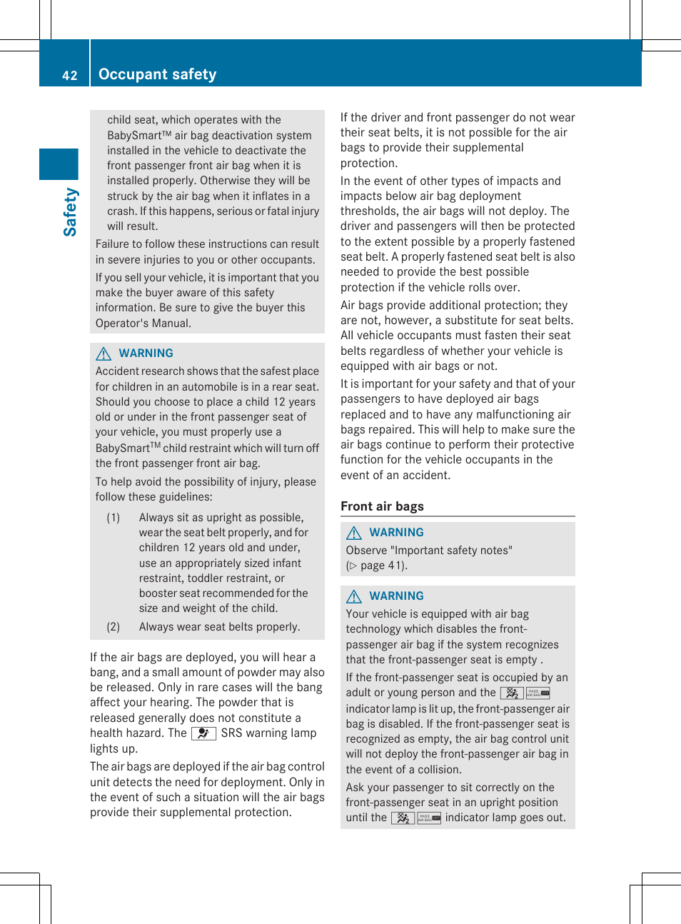 Safety, Occupant safety | Mercedes-Benz G-Class 2013 Owners Manual User Manual | Page 44 / 364