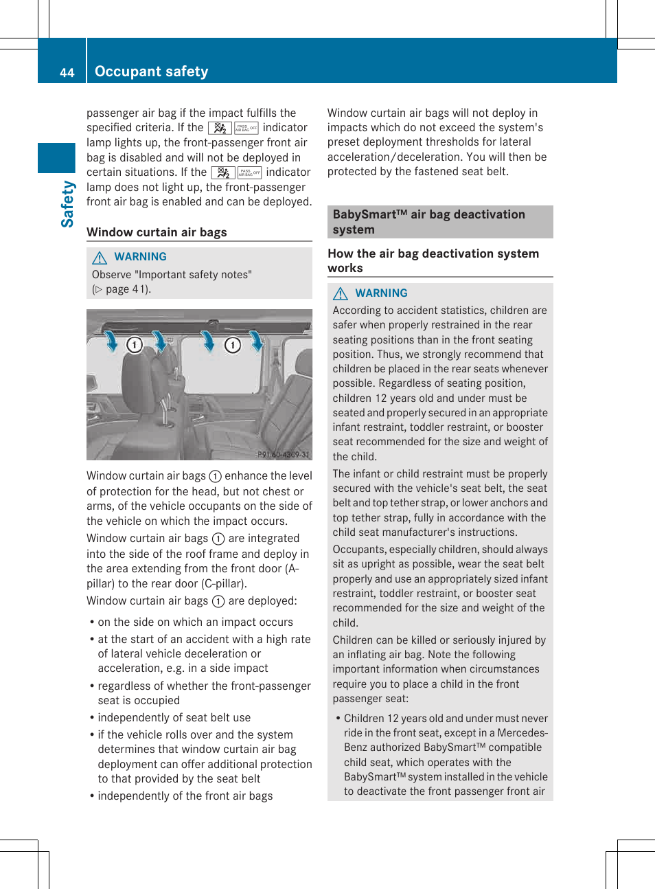 Babysmart™ air bag deactivation system, Safety, Occupant safety | Mercedes-Benz G-Class 2013 Owners Manual User Manual | Page 46 / 364