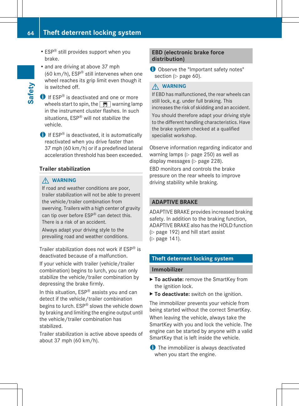 Ebd (electronic brake force distribution), Adaptive brake, Theft deterrent locking system | Immobilizer, Safety | Mercedes-Benz G-Class 2013 Owners Manual User Manual | Page 66 / 364