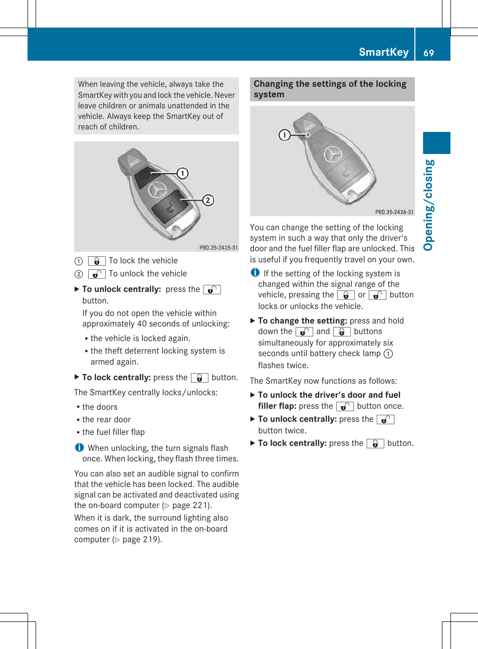 Changing the settings of the locking system, Opening/closing, Smartkey | Mercedes-Benz G-Class 2013 Owners Manual User Manual | Page 71 / 364