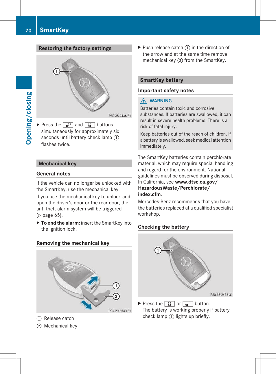 Restoring the factory settings, Mechanical key, Smartkey battery | Opening/closing, Smartkey | Mercedes-Benz G-Class 2013 Owners Manual User Manual | Page 72 / 364