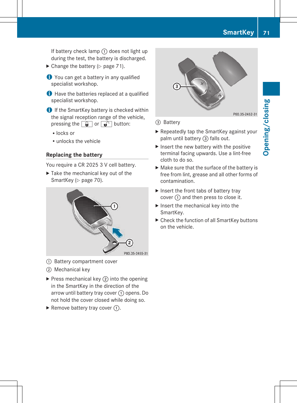 Opening/closing, Smartkey | Mercedes-Benz G-Class 2013 Owners Manual User Manual | Page 73 / 364