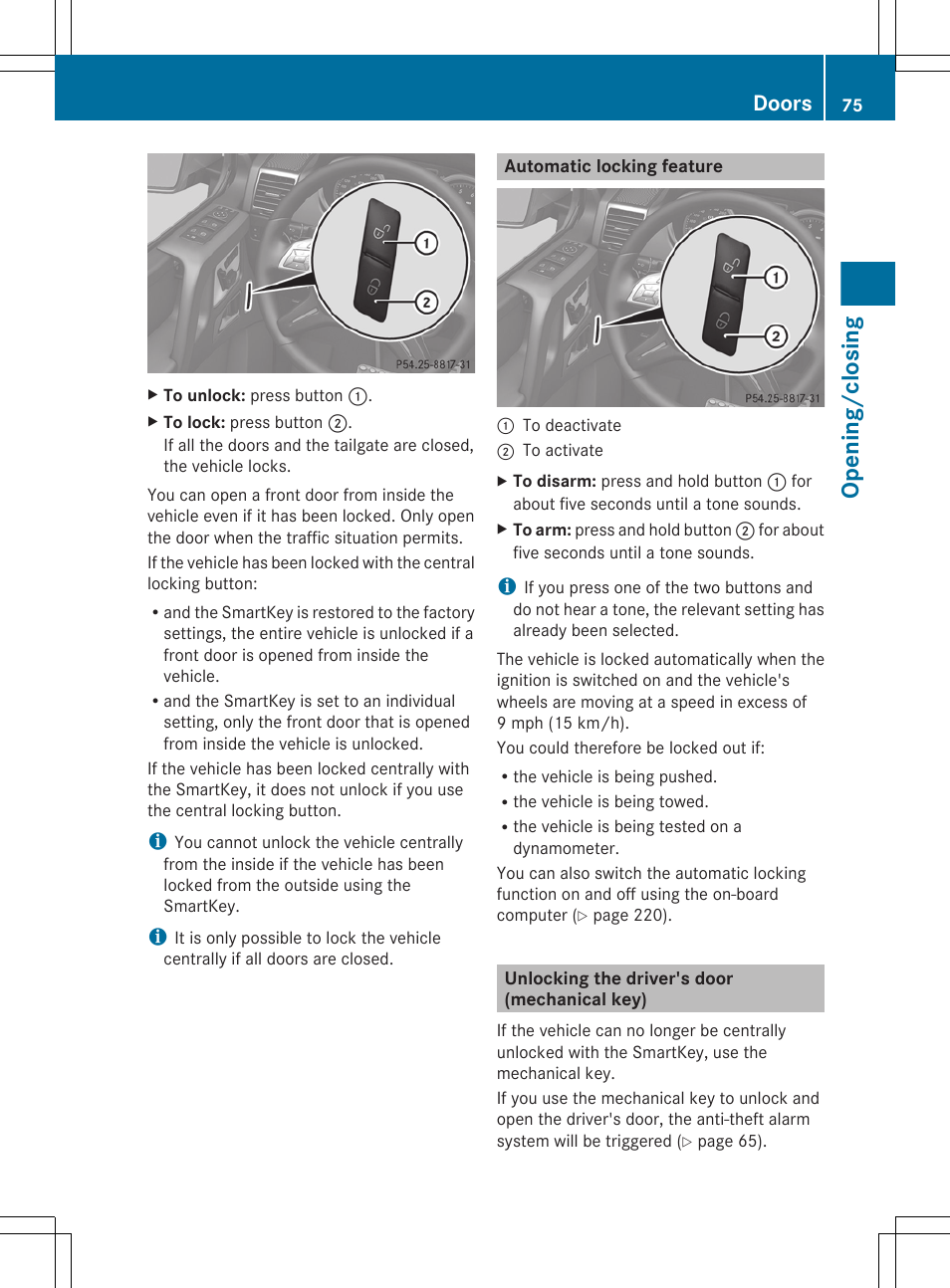 Automatic locking feature, Unlocking the driver's door (mechanical key), Opening/closing | Doors | Mercedes-Benz G-Class 2013 Owners Manual User Manual | Page 77 / 364